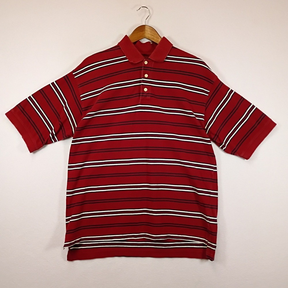 Dadcore St Johns Bay Mens Large Red Striped Yarn Dye Knit Cotton Polo Shirt